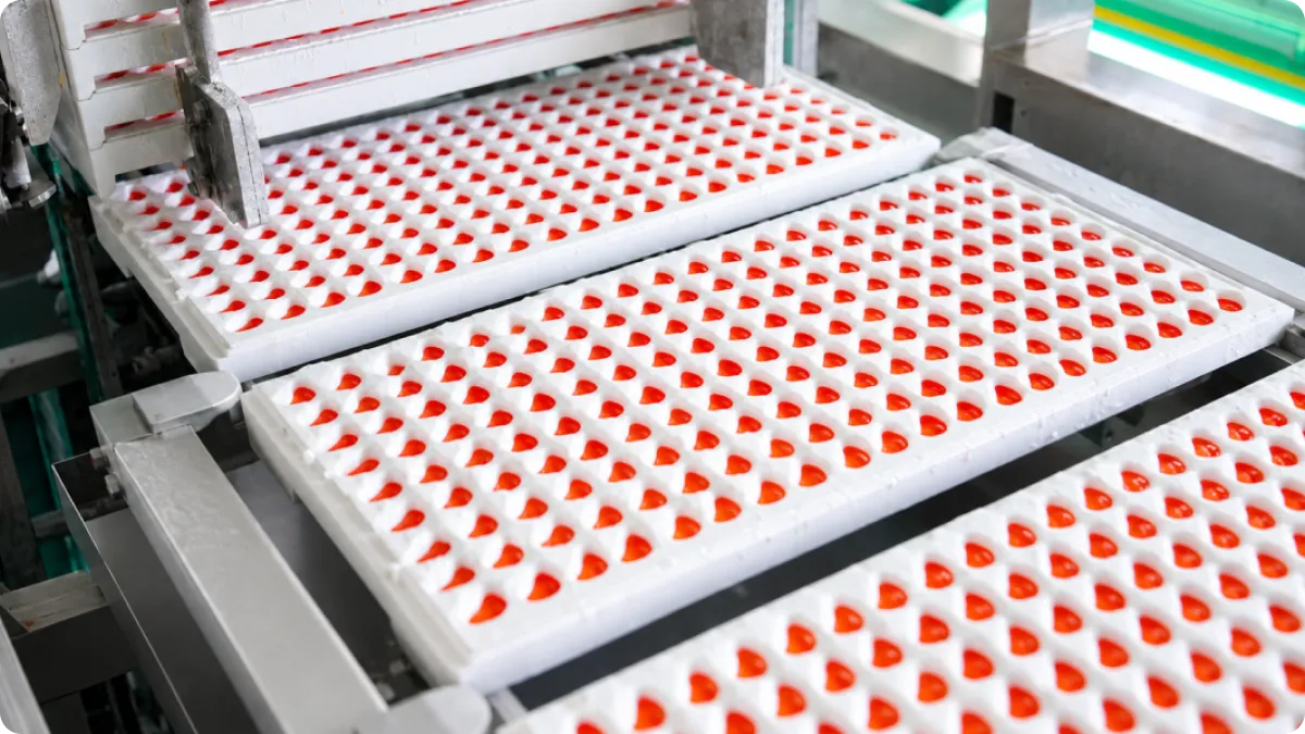 Gummy candy cooking and depositing line at the Sweeto Sweets factory in Xiamen